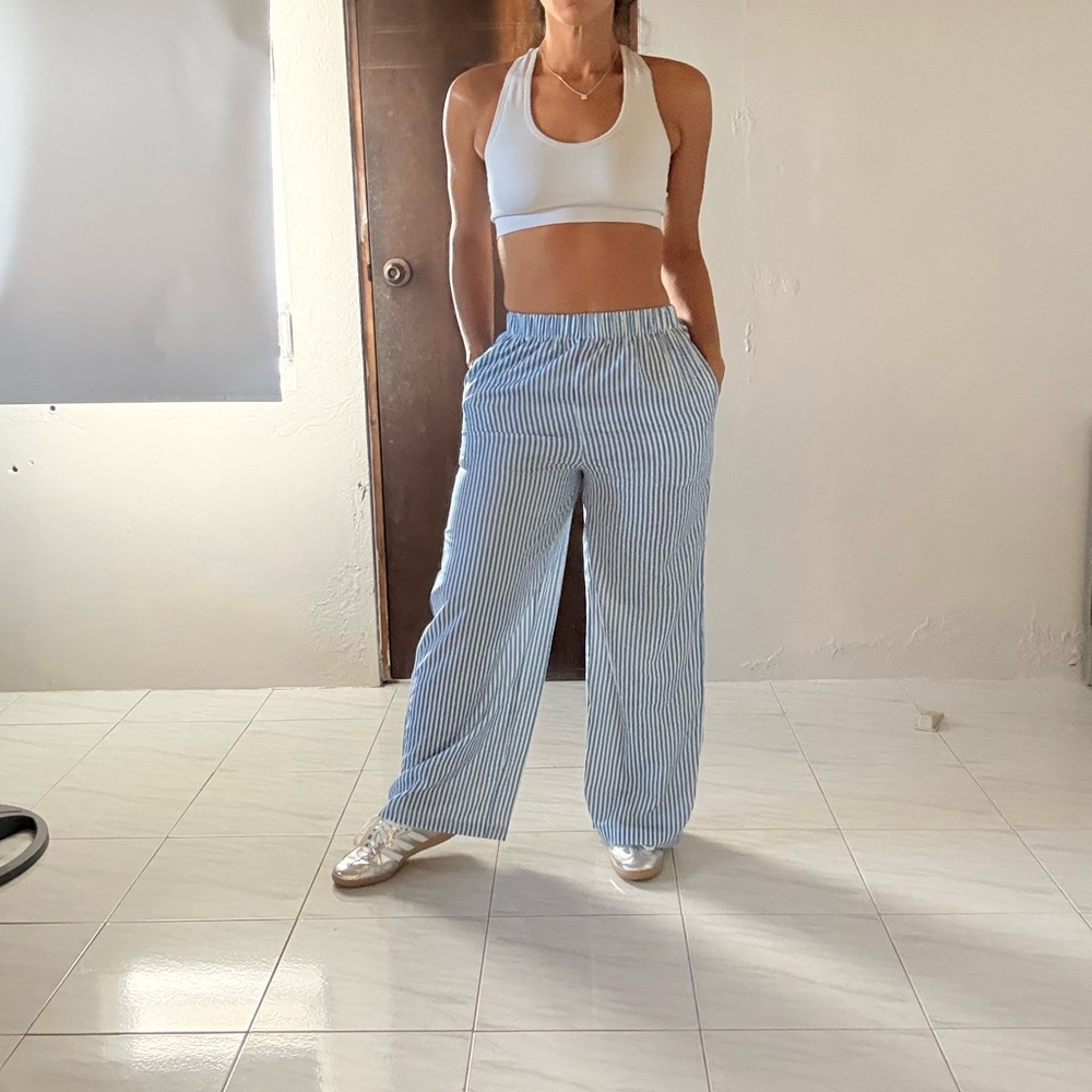 Blue and white striped pants